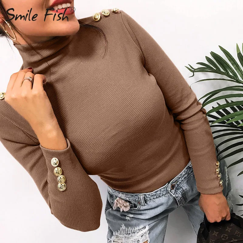 2020 Women Turtleneck Sweaters Buttons Knitted Solid Pullovers Causal Slim Office Lady Knitting Female Knit Tops M0381 Женская одежда