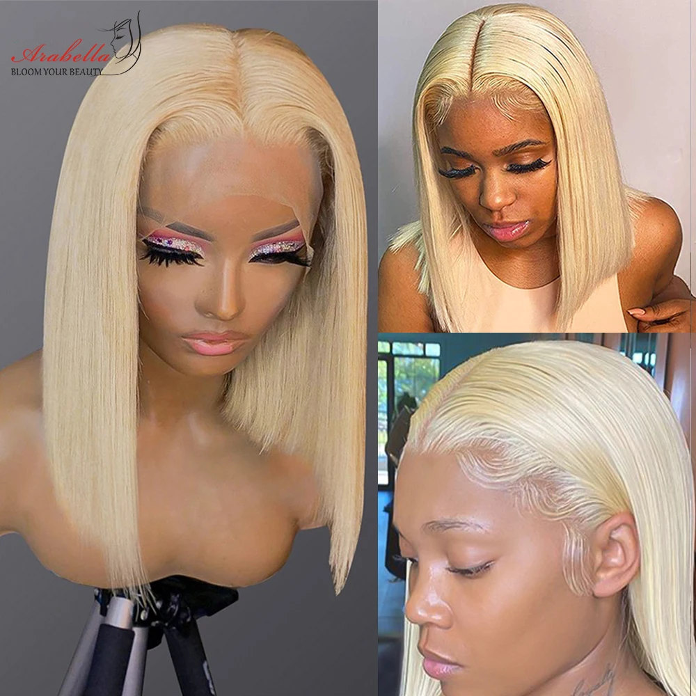 

Парик из 613 T-частей, блонд, бразильские прямые парики из 100% человеческих волос, Боб, парики без повреждений, арабилла, Боб, кружевные парики, б...