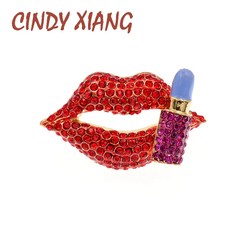 

CINDY XIANG Red Crystal Lips Brooches Enamel Lipstick Pins Women Ladies Sexy Rhinestones Mouth Scarf Buckles Clips Jewelry Gifts