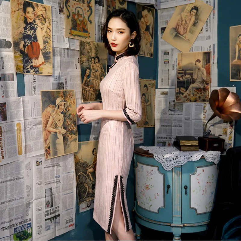Sheng Coco Платья До Колена Qipao осенние Чонсам Qi Pao Женские китайские ретро семь с длинными рукавами таможенное платье Qipao