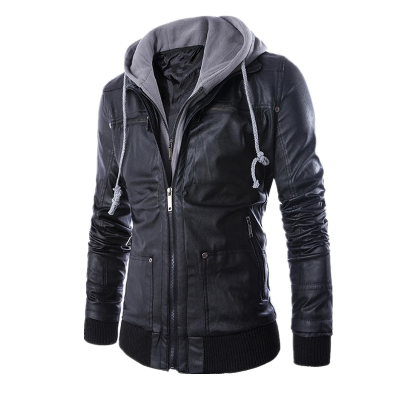Осень зима 2020 мужское черное пальто из искусственной кожи с капюшоном однотонная