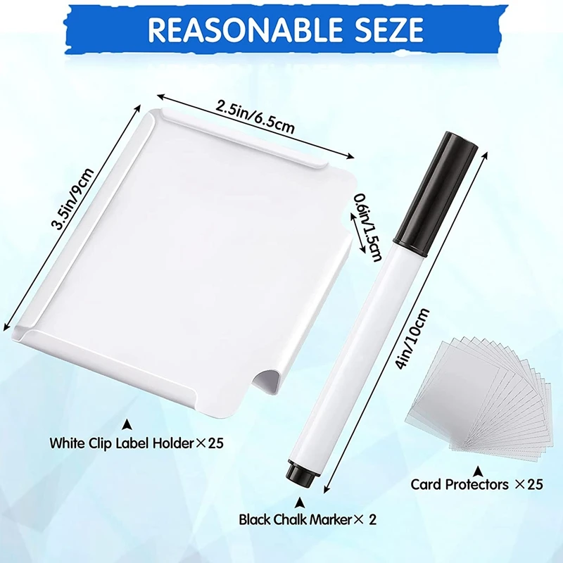 52Pc Basket Bin Labels Clip on Includes 25 Removable Label Holders Clear Cards and 2 Chalk Marker | Канцтовары для офиса и