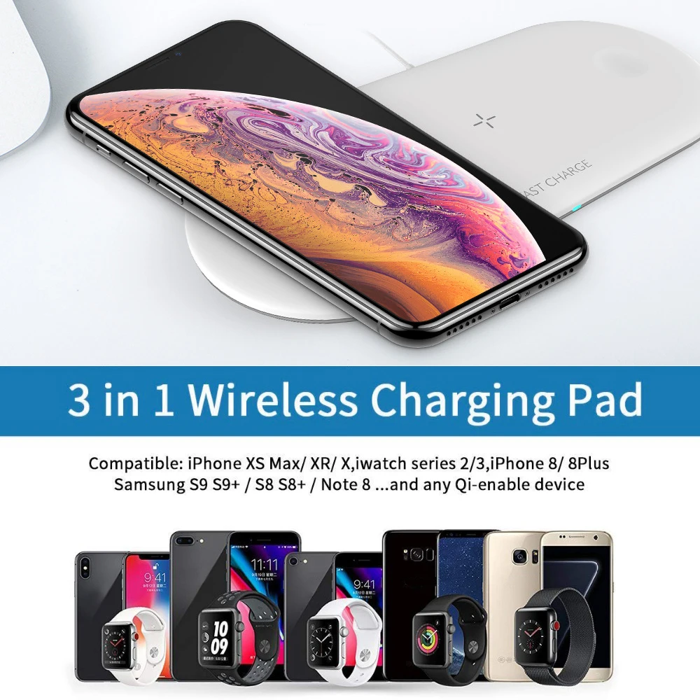 3 в 1 Qi Беспроводное зарядное устройство 10 Вт Быстрая зарядка двойной коврик для