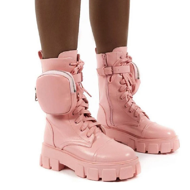 

Женские байкерские ботинки Rimocy из искусственной кожи, ботильоны на шнуровке, с карманами, на массивной платформе, розовые, Осень-зима