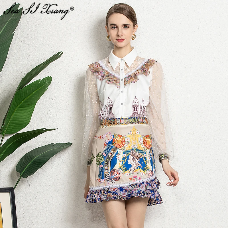

Seasixiang Fashion Designer Summer Set Women Lace Beading Lantern Sleeve Shirt Tops + Print Skirt Indie Folk Two Piece Set