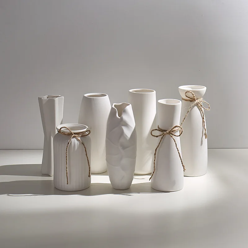 

Modern Minimalist White Hemp Rope Ceramic Vase Dried Flower Flower Arrangement Crafts Living Room Interior Decoration Ornaments