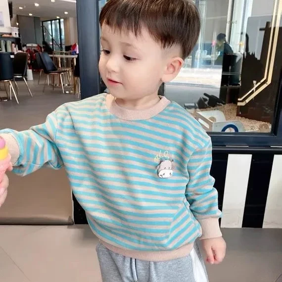 

Cartoon baby Cotton Striped Sweatshirt autumn boys cute round neck casual striped t-shirts top P5851