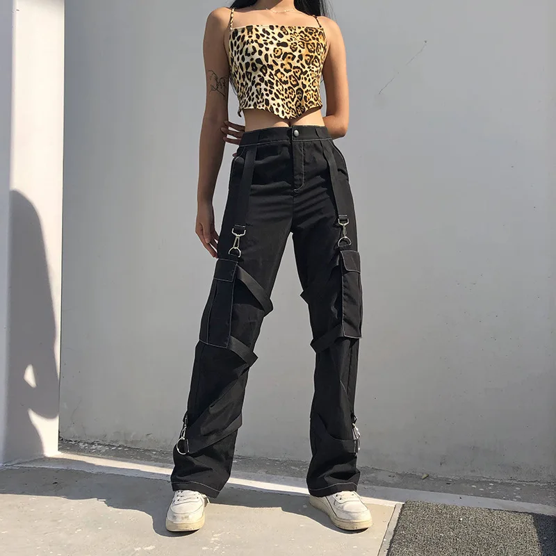 

High Waist Black Cargo Pants Women Plus Size Streetwear Punk Wide Leg Pants Gothic Pockets Streetwear Joggers