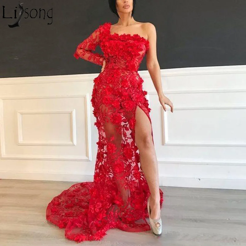 

Red 3D Floral Flower Lace Mermaid Evening Dress One Shoulder Long Sleeve Illusion Side Split Prom Dresses Sweep Train Party Gown