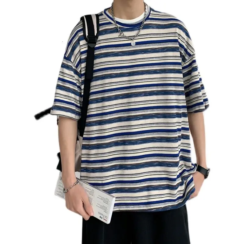 

Summer Cotton Short-sleeved T-shirt Men's Fashion Casual O-neck Tshirt Men Street Korean Loose Striped T Shirt Mens S-2XL