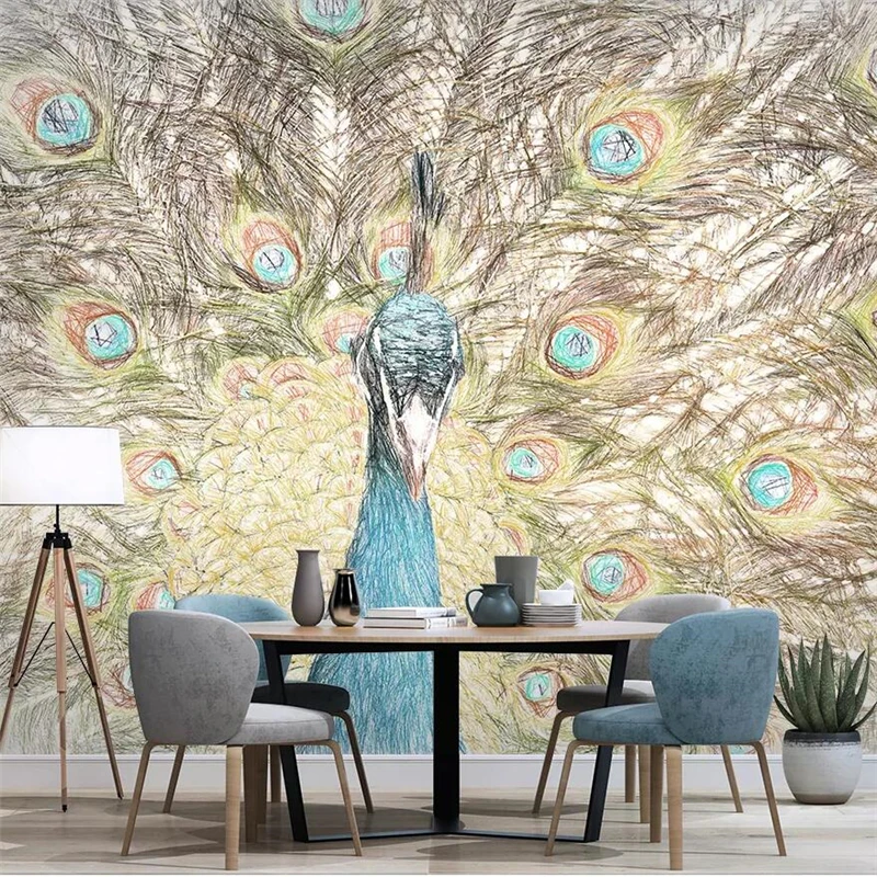 

wellyu Custom large-scale mural 3d wallpaper modern minimalist hand-painted peacock feather TV background wall wallpaper