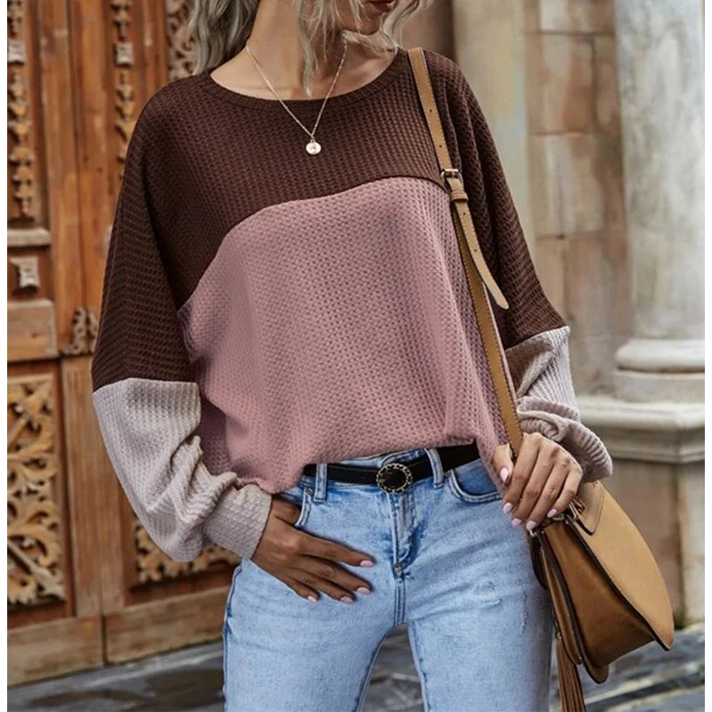 

Winter Casual Wear T-shirt Women's Color Blocking Long Sleeve Round Neck Contrast Loose Sweater T-shirt Women's Top Suspender
