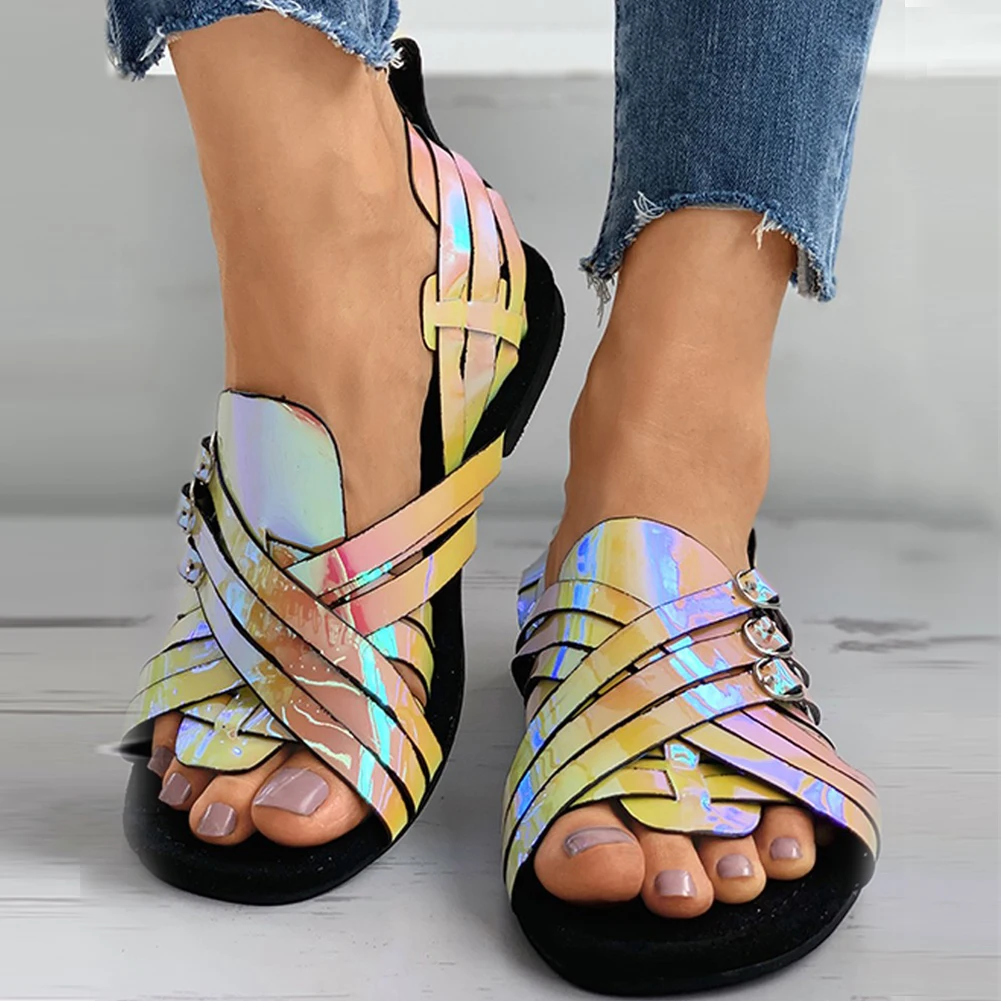 

RIBETRINI 2021 INS Hot Sale Lady Open Toe Colorblock Buckle Buckle Summer Shoes Flat Women's Sandals Casual Comfy Sandals