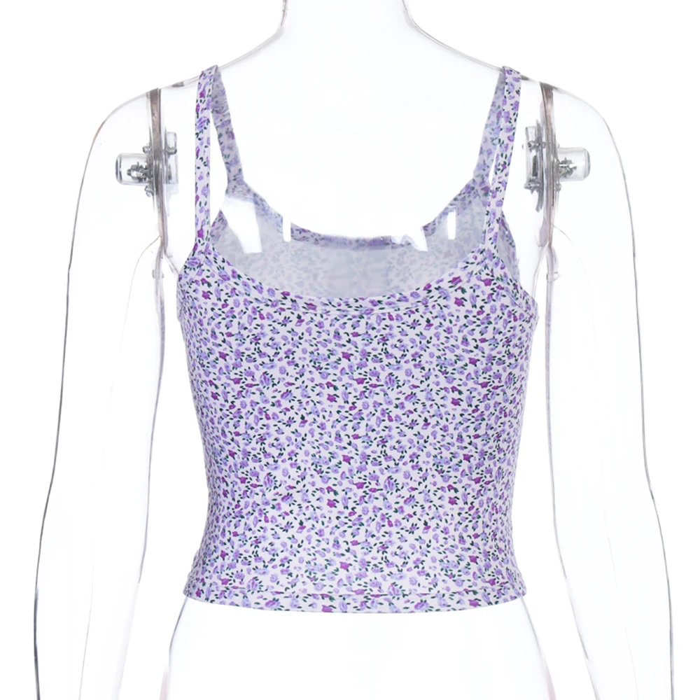 

E-girl Spaghetti Strap Floral Graphic Cropped Tops Fashion Printing Backless Purple Short Camis Tops Chic Summer 2020 Cute Tank