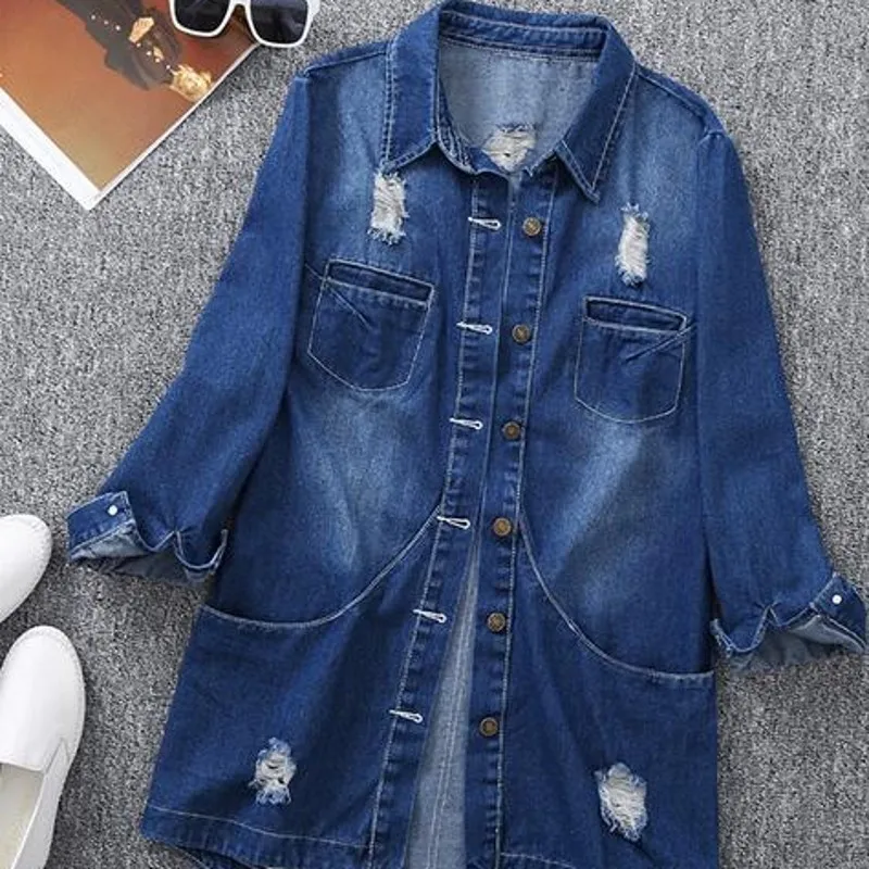 Hole Ripped Letter Print Long Sleeve Womens Denim Shirts Korean Spring Autumn Medium Length Plus Size Casual Streetwear | Женская одежда