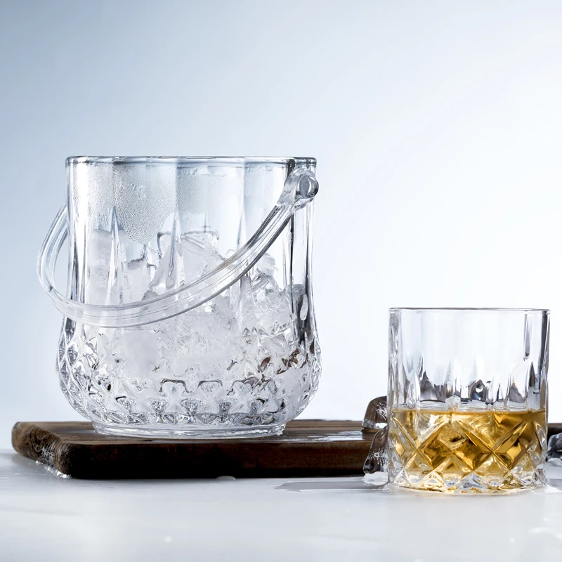 

New portable household glass ice bucket lead-free glass ice bucket transparent carved ice bucket KTV bar beer bucket
