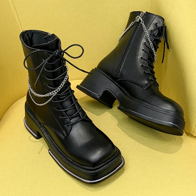 

Женские ботильоны на платформе, готические ботильоны на толстом каблуке, с цепочкой, 2021