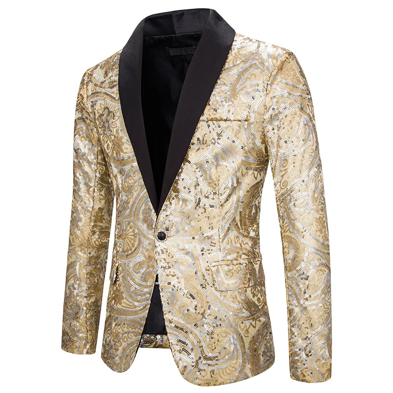 Luxury Glitter Blazer Men Fashion Golden Silver Sequin Single Button Blazer Hombre Nightclub Stage Slim Fit Mens Christmas Suit