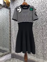 Knitted Dress 2021 Autumn Style Women Striped Patterns Knitting Short Sleeve Slim Fit & Flare Casual Long Sweater Dress