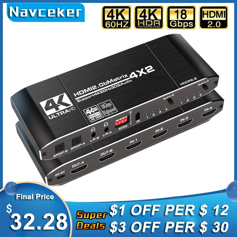 Compatível do Interruptor Divisor do Interruptor da Matriz de 2022 4×2 com Spdif e l 60hz para Ps5 Hdmi-suporte 4×2 Hdcp 2.2 Arc 3d 4k @ – r 3.5mm Hdr