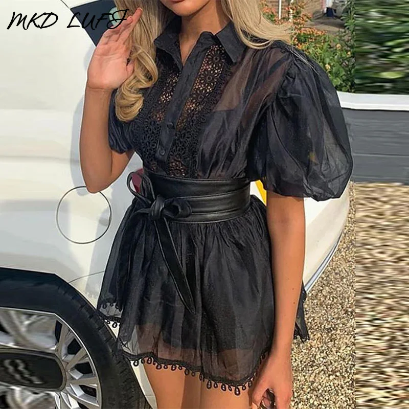 Женское кружевное платье с рукавами фонариками и поясом сексуальное женское