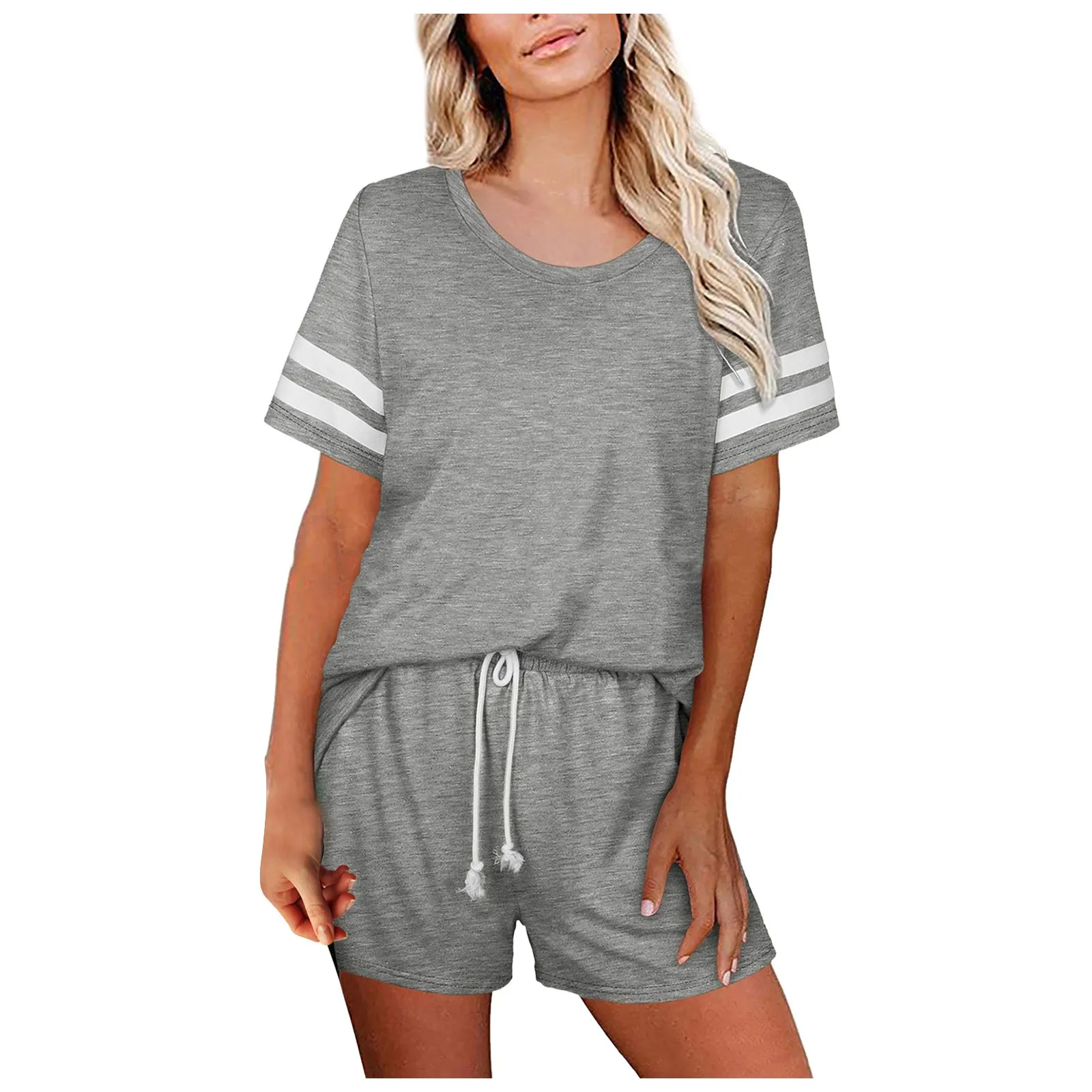 

Women Pijama Set Casual Pijamas Home Sleepwear Round Neck Short Sleeve Stripe Two-Piece Summer Loungewear Pyjama Pour Femme