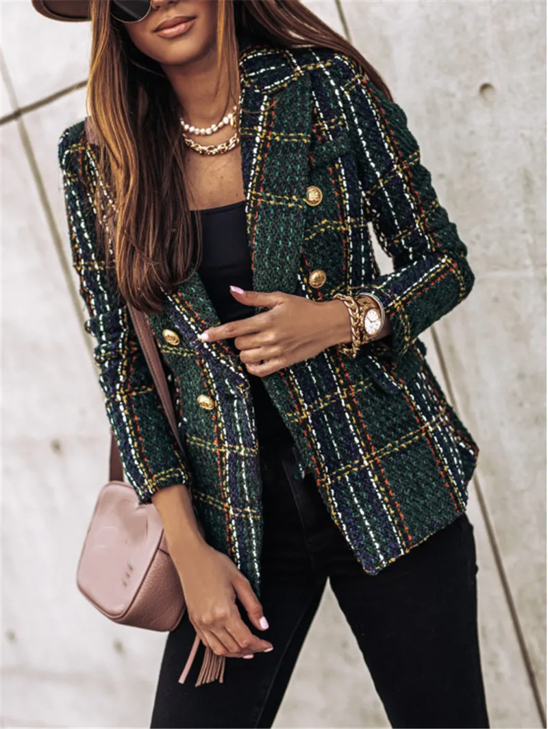

Blazers Women Coat Long Sleeve Double Breasted Plaid Tailored Collar Print Female OL Autumn Style Career Jacket 2021