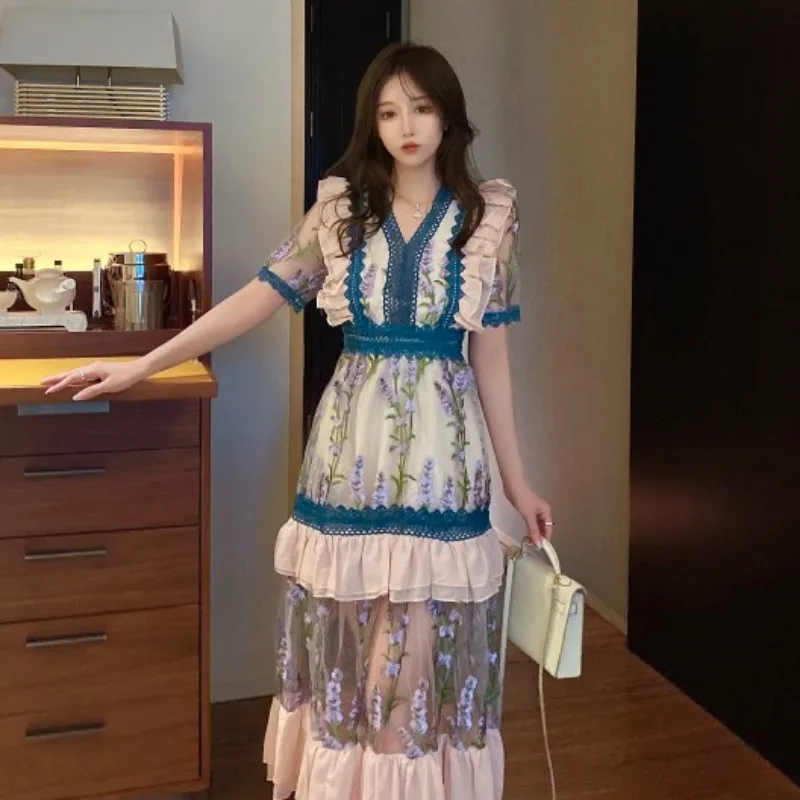 

New Runway Fashion Women Party Long Dress 2021 Summer Elegant Floral Embroidery Mesh Patchwork Lace V Neck Ruffles Maxi Dresses