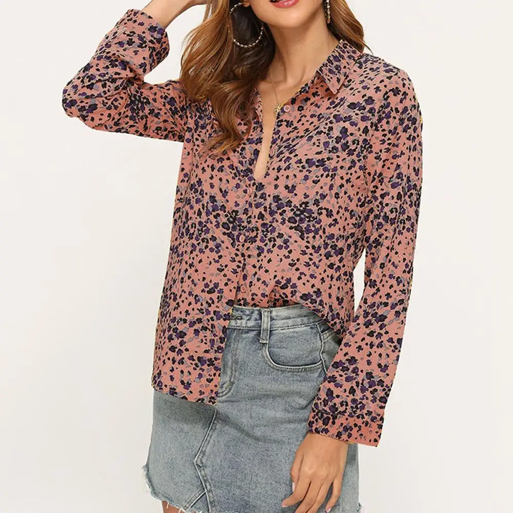 Женская футболка Топ с отложным воротником длинный рукав однобортный принт