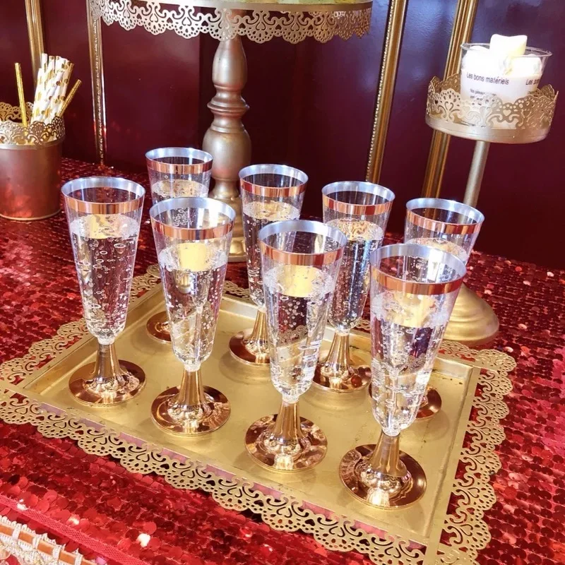 

24Pcs 150 Ml Plastic Rose Gold Rimmed Clear Hard Disposable Party Wedding Cups Premium Fancy Champagne Glasses Flutes