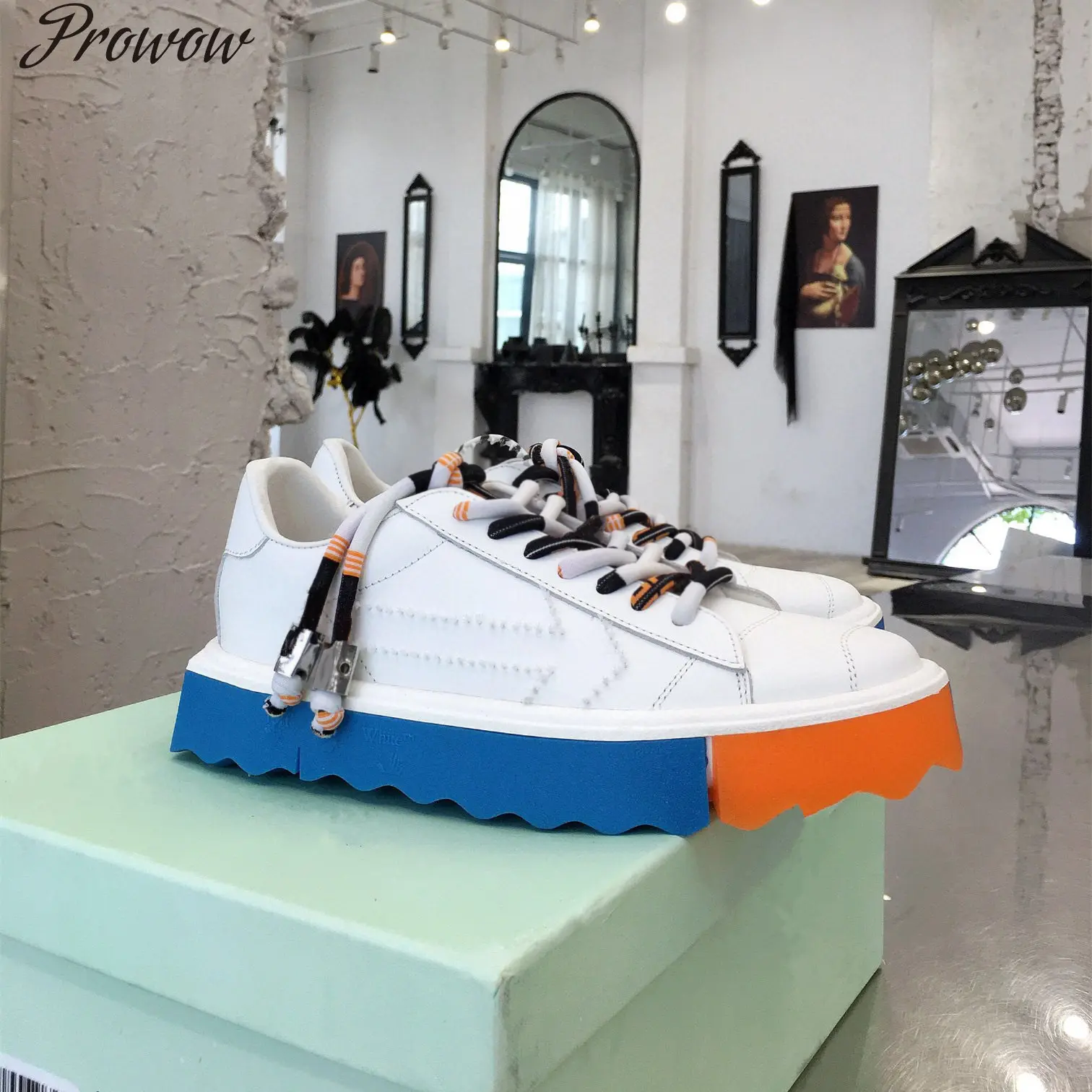 

Prowow Casual Designer Lady Fashion Women Shoes Mix Color Printed Genuine Leather Patchwork Trainer Lace Up Shoes for Woman