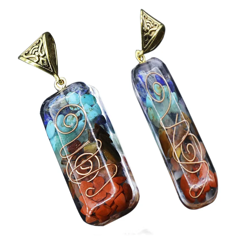 

Retro Reiki Healing Colorful Chips Stone Natural Chakra Orgone Energy Pendant Necklace Pendulum Amulet Crystal Necklace