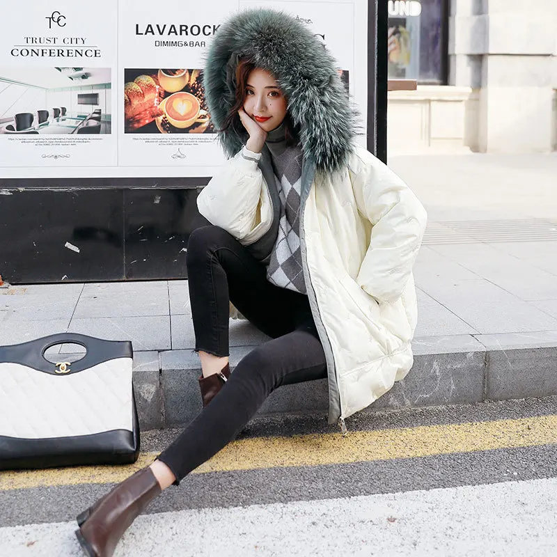

white duck jacket with raccoon fur collar, down jacket, winter coat, women's warm Park casaco