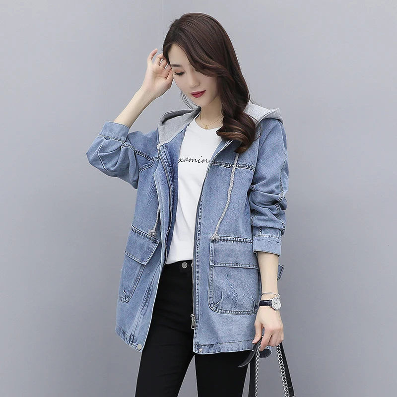 Женская джинсовая куртка с длинным рукавом свободная капюшоном модель H194 в