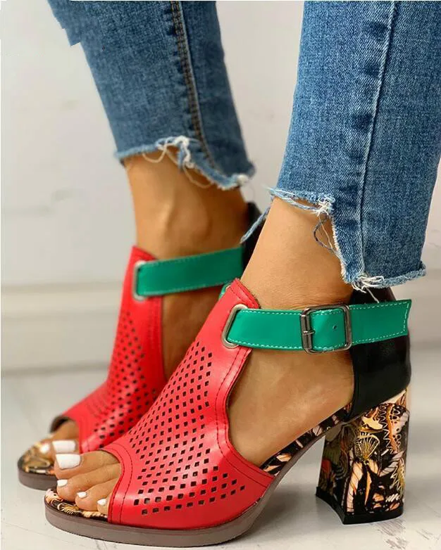 

Women Sandals Summer Shoes Flock Block Heels Buckle Strap Ladies Classic Sandals Female Fashion High Heels Zapatos De Mujer