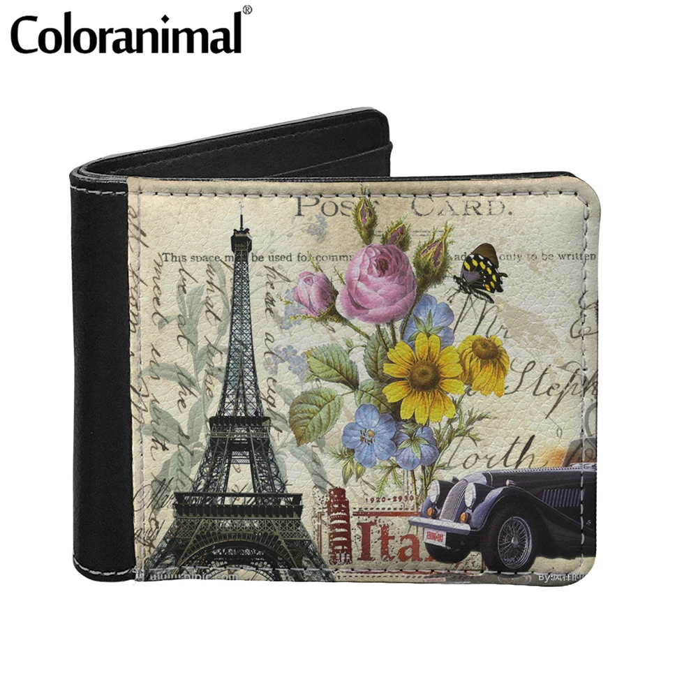 

Coloranimal 2020 New Fashion PU Leather Men's Wallet Eiffel Tower Tags Pattern Male Money Purses Men Short Card Holder Cartera