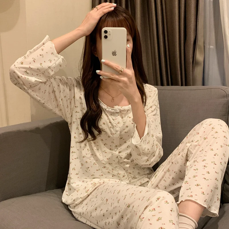 

2021 Autumn Long Sleeve Print Silk Satin Pajama Sets for Women Korean Loose Sleepwear Suit Pyjamas Homewear Pijama Mujer Clothes