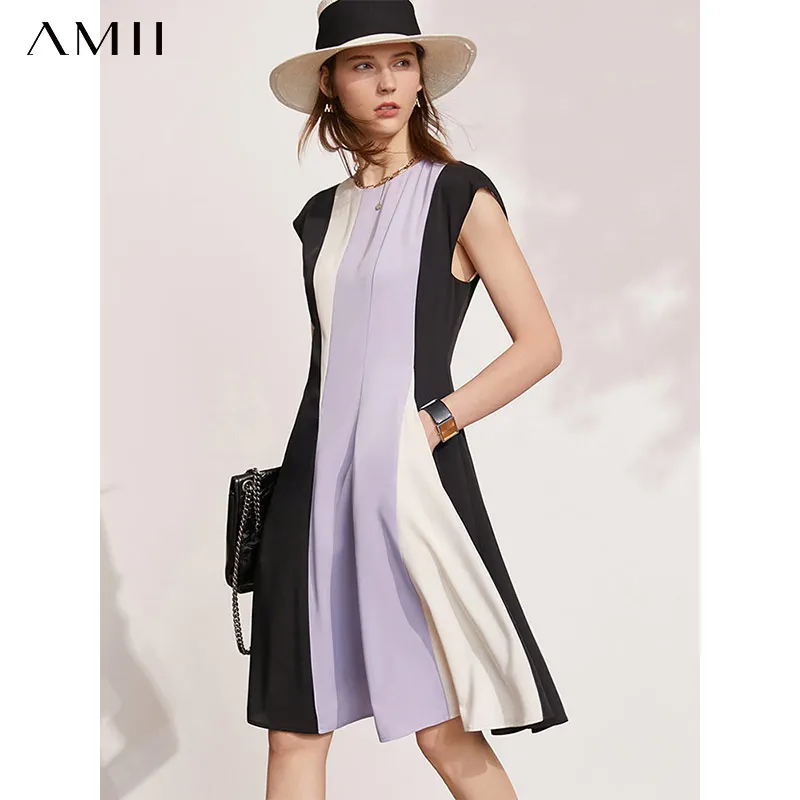 

Amii Minimalism Summer New Women's Dress Offical Lady Patchwork Oneck Slim Fit Knee-length Women's Summer Dress 12140430