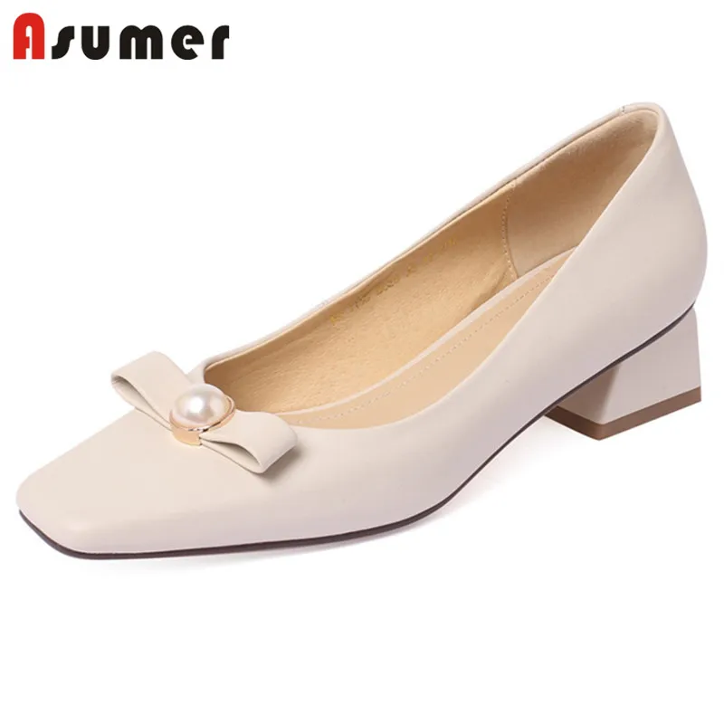 

ASUMER 2022 New Arrive Genuine Leather Single Shoes Women Pumps Bowknot Pearl Slip On Square Toe Spring Casual Shoes Woman