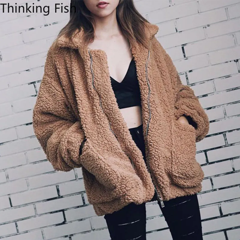 

Женское пальто из искусственного меха, элегантная теплая мягкая меховая куртка на молнии, женское плюшевое пальто с карманами, Повседневна...
