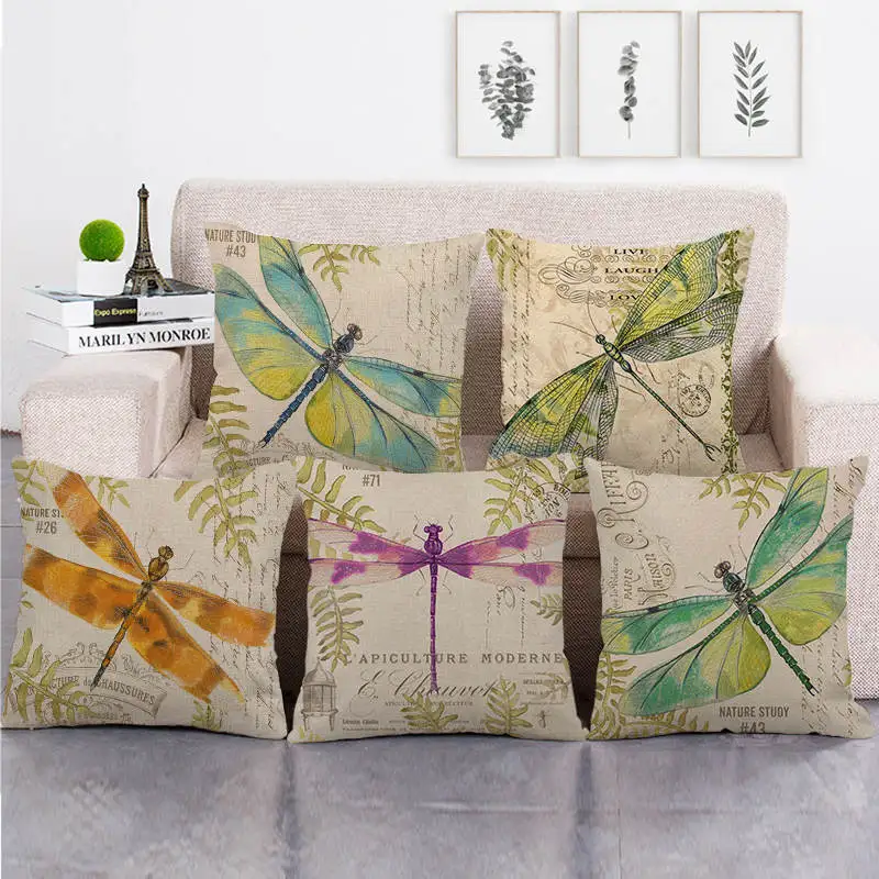 Льняные/Хлопковые наволочки в стиле ретро со стрекозой 45 х45 см|Наволочки| |