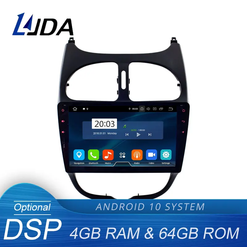 Автомобильный мультимедийный плеер LJDA Android 10 для Peugeot 206 2002 2003 2004 2005 2006 2007 2008 GPS