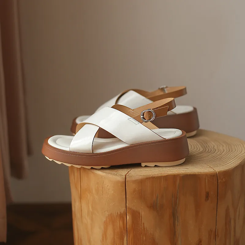 

MORAZORA 2021 Hot Sale Casual Shoes Women Genuine Leather Sandals Solid Colors Buckle Flat Platform Sandals Ladies Shoes