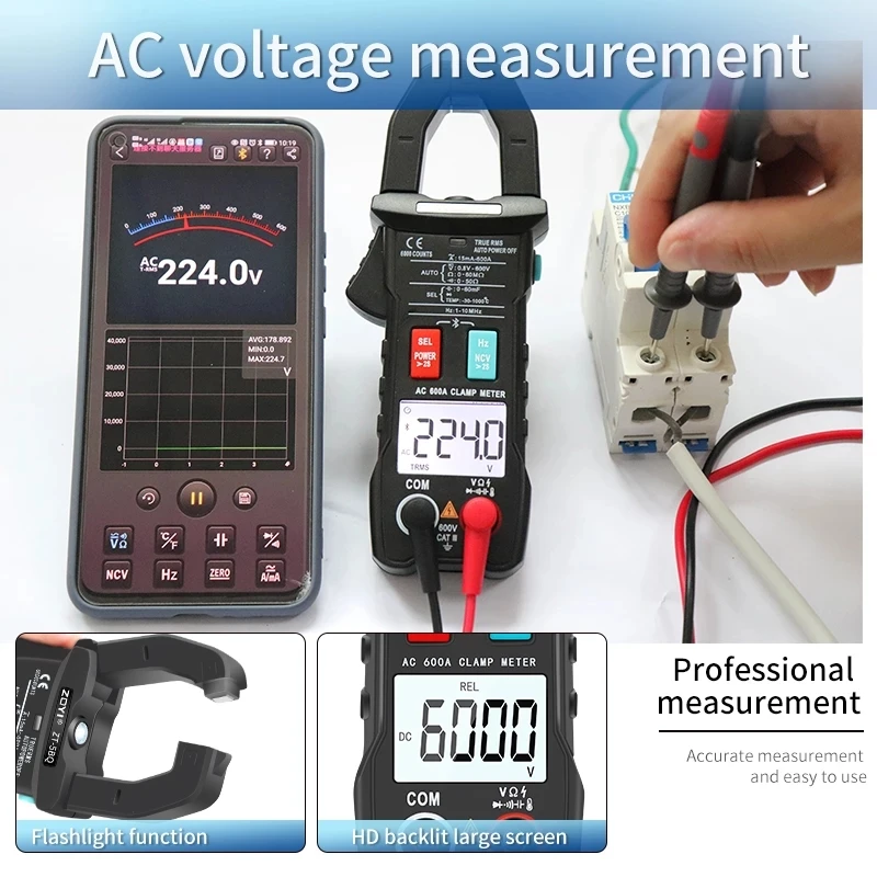 Digital AC/DC Volt Amp Clamp Multimeter Meter Wireless Bluetooth Auto Ranging 6000 Counts Ammeter Ohm,Cap,Freq,Temp.Tester ZT5BQ