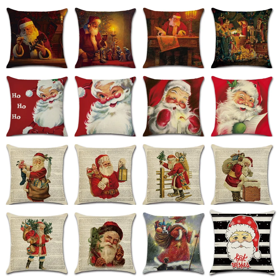 Santa Claus Series Cushion Cover Merry Christmas Retro Newspaper Background Print Linen Sofa Pillow Covers Home Decor Pillowcase