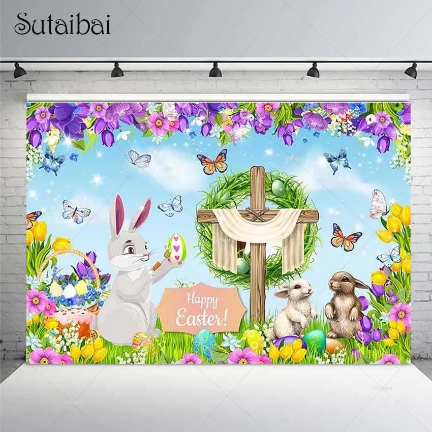 

Фон для фотосъемки с пасхальными весенними изображениями бабочки цветов кроликов луга неба фотозона для фотостудии