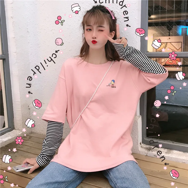 

Long Sleeve T-Shirts Korean Women Autumn T Shirt Female Casual Black Tops Harajuku Oversize Tshirt Letter Patchwork