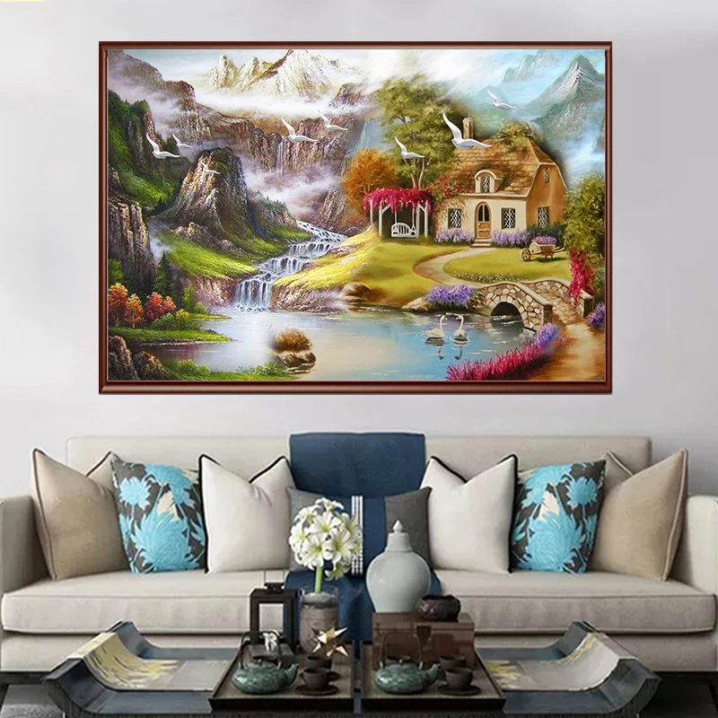 Холст с изображением сказочной хижины горного водопада изображение на стене для