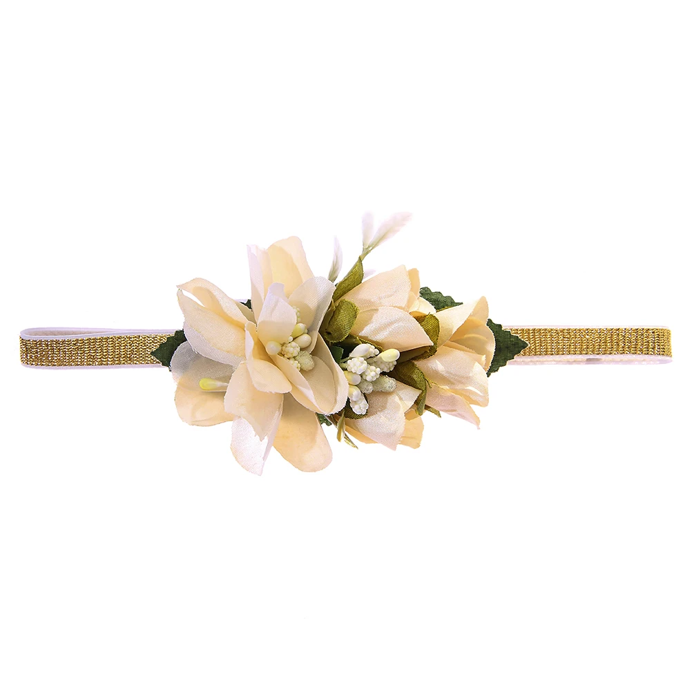 Gold Beige M MISM новые детские цветочные аксессуары для волос, венки для волос золотого цвета, повязка для волос ручной работы для детей, милая эластичная повязка на голову - Цвет: Gold Beige