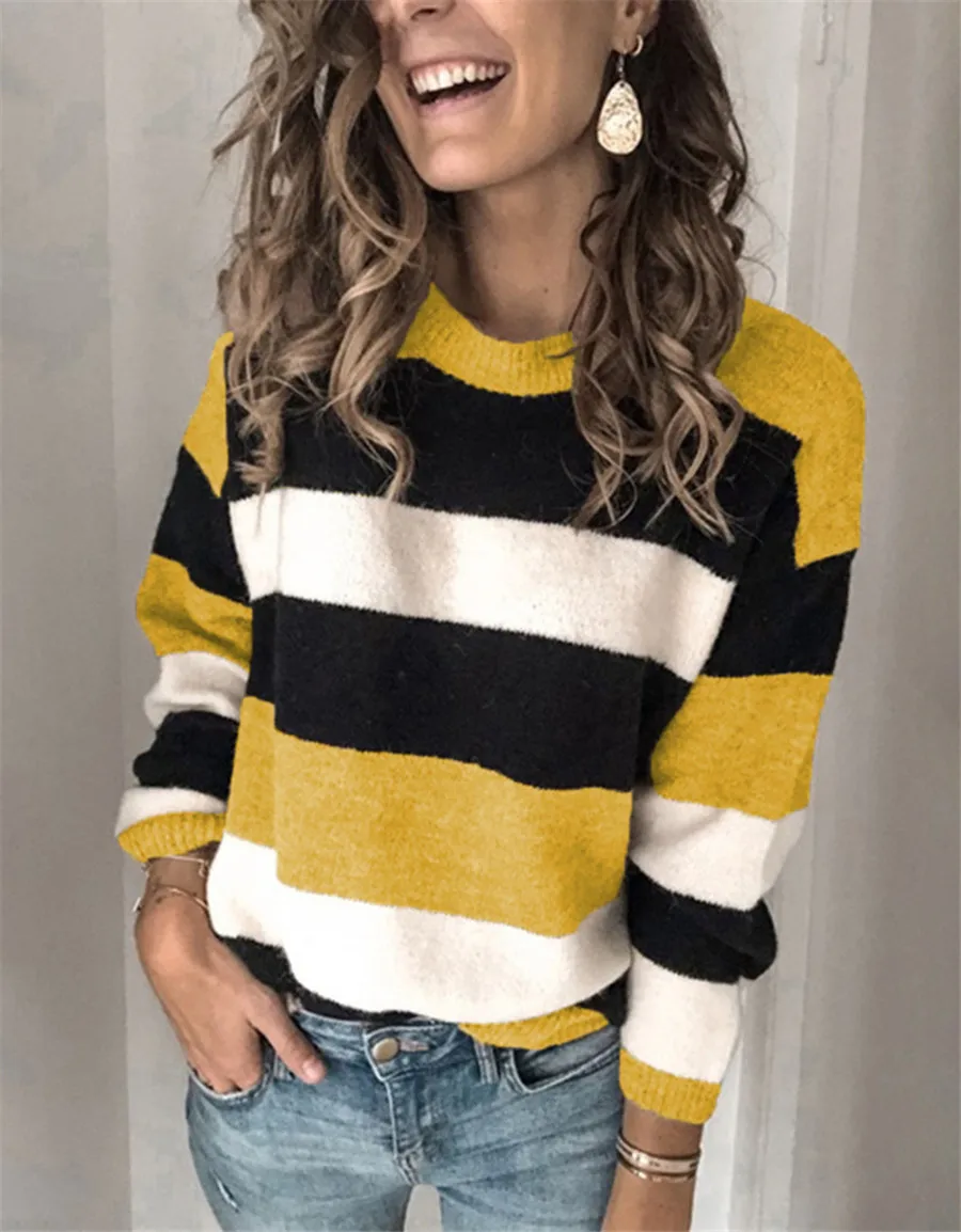 

2020 autumn winter fashion plsize women contrast color stripe sweater pullovers loose casual home women's sweater